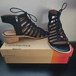 Comfortiva Blossom CT0000701 Womens Black sz 9.5 Leather Heeled Sandals Shoes